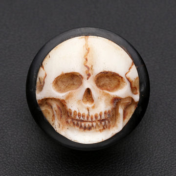 Detail View 1 of A Pair of Death Skull Organic Bone Inlay Buffalo Horn Ear Gauge Plug-Yellow